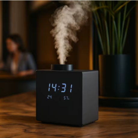 Aria Clock - Duftgerät Aroma-Diffuser mit Zeit-, Temperatur und Luftfeuchtigkeitsanzeige bis  80 m² Raumbeduftung, sw