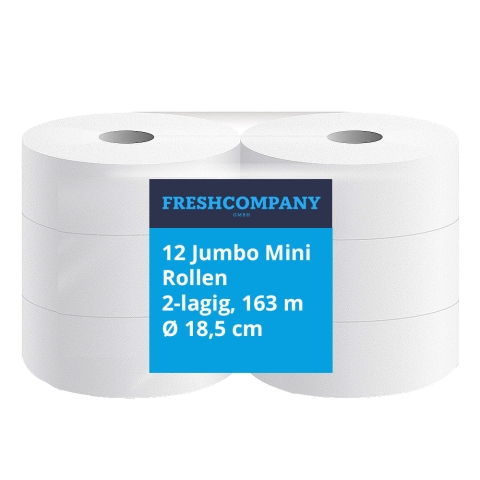 12 Jumbo Mini Rollen Toilettenpapier, WC- Papier, 2-lagig, 163 m Ø 18,5 cm