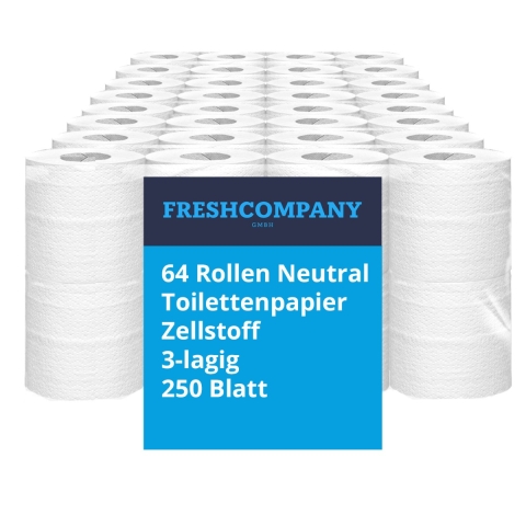 64 Rollen Neutral Toilettenpapier WC-Papier, Zellstoff, 3-lagig, 250 Blatt