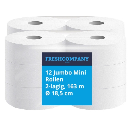 12 Jumbo Mini Rollen Toilettenpapier, WC- Papier, 2-lagig, 163 m Ø 18,5 cm