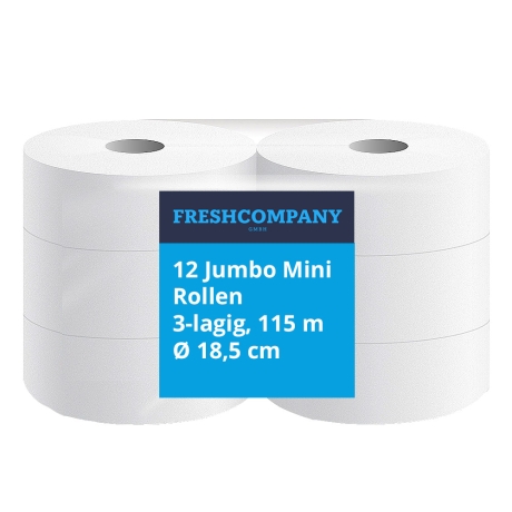 12 Jumbo Mini Rollen Toilettenpapier, 3-lagig, 115 m Ø 19 cm