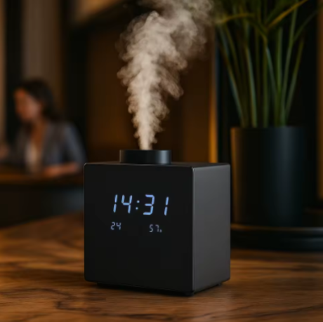 Aria Clock - Duftgerät Aroma-Diffuser mit Zeit-, Temperatur und Luftfeuchtigkeitsanzeige bis  80 m² Raumbeduftung, sw