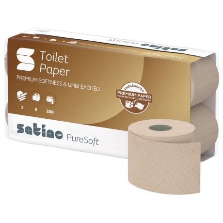 10 x 64 Toilettenpapier Satino PureSoft, 3lagig, beige, Recycling Sack à 8x8 Rollen à 250 Blatt