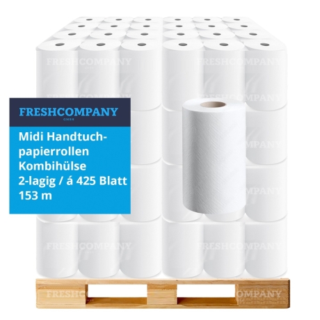 36 x 6 Midi Handtuchpapierrollen, Reinigungsrollen, Kombihülse, 2-lagig, à 425 Blatt, 153 m, 1 Palette