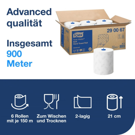 6 x Tork 290067 Matic Soft Rollenhandtuch Advanced 2-lagig für Spendersystem H1