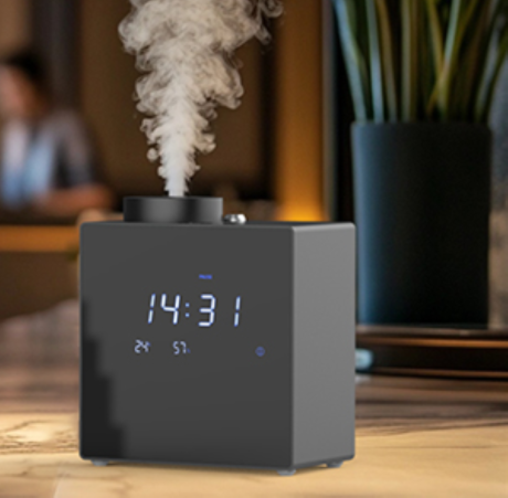 Aria Clock - Duftgerät Aroma-Diffuser mit Zeit-, Temperatur und Luftfeuchtigkeitsanzeige bis  80 m² Raumbeduftung, sw