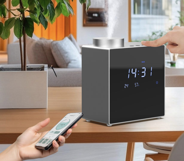 Aria Clock - Duftgerät Aroma-Diffuser mit Zeit-, Temperatur und Luftfeuchtigkeitsanzeige bis  80 m² Raumbeduftung, sw