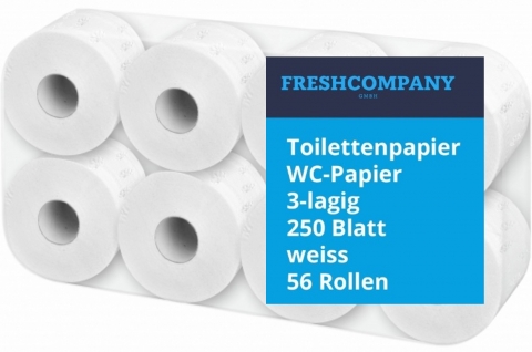 56 Rollen Neutral Toilettenpapier WC-Papier Premium Zellstoff, 3-lagig, 250 Blatt
