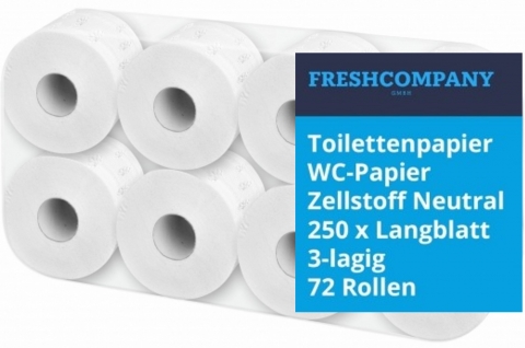 Toilettenpapier Zellstoff Neutral 250 x Langblatt 3-lagig 72 Rollen