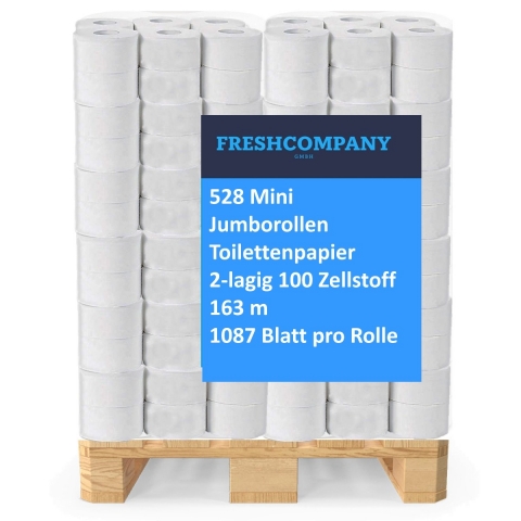 44 x 12 Jumbo Mini Rollen Toilettenpapier, WC- Papier, 2-lagig, 163 m Ø 18,5 cm