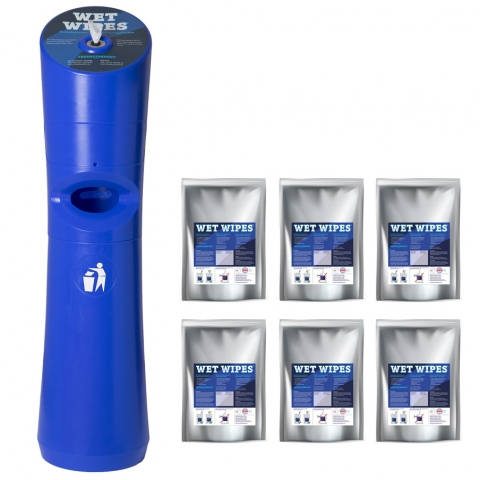 WET WIPE Starter-Angebot: 1 Kunststoffspender Blau + 6 Rollen á 620 Desinfektionstücher 