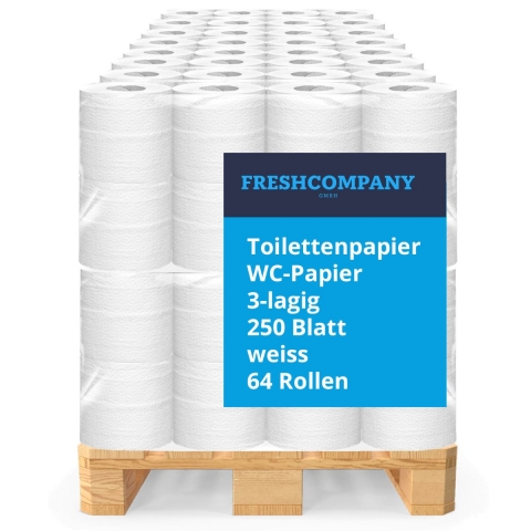 33 x 64 Rollen Neutral Toilettenpapier WC-Papier, Zellstoff, 3-lagig, 250 Blatt, 1 Palette