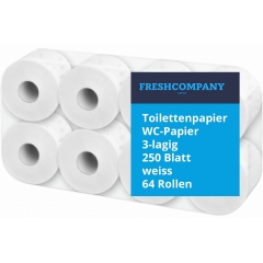 Toilettenpapier WC-Papier Zellstoff, 3-lagig, 250 Blatt, 64 Rollen neutral Verpackt